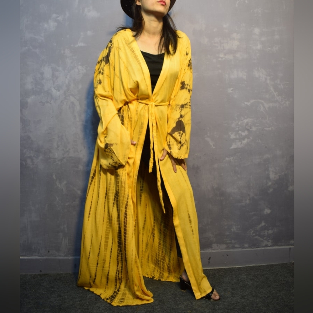 Yellow and Brown Tie Dye Kimono Robe Swim Resort Coverup